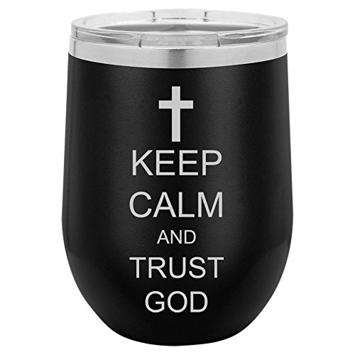 12 oz Double Wall Vacuum Insulated Stainless Steel Stemless Wine Tumbler Glass Coffee Travel Mug With Lid Keep Calm And Trust God Cross (Black)