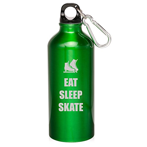 20oz Aluminum Sports Water Bottle Caribiner Clip Eat Sleep Skate Ice Skates (Green)