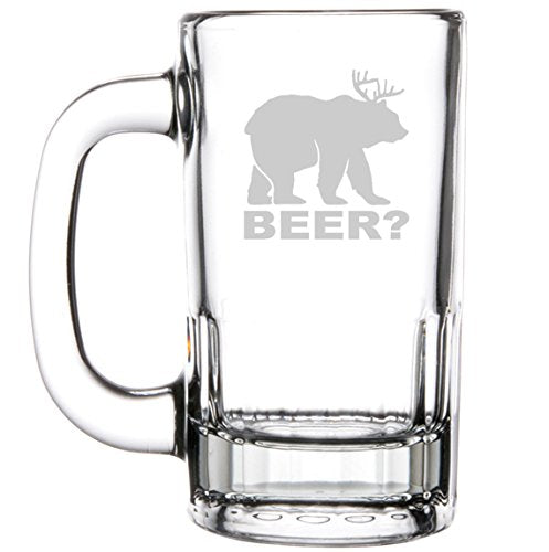 12oz Beer Mug Stein Glass Funny Deer + Bear = Beer