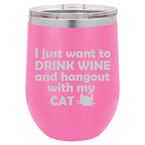 12 oz Double Wall Vacuum Insulated Stainless Steel Stemless Wine Tumbler Glass Coffee Travel Mug With Lid Drink Wine And Hang Out With Cat (Hot-Pink)