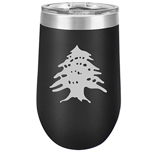 16 oz Double Wall Vacuum Insulated Stainless Steel Stemless Wine Tumbler Glass Coffee Travel Mug With Lid Cedar Tree Lebanon Lebanese (Black)