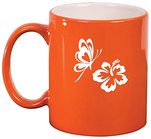 Ceramic Coffee Tea Mug Cup Butterfly and Hibiscus (Orange)