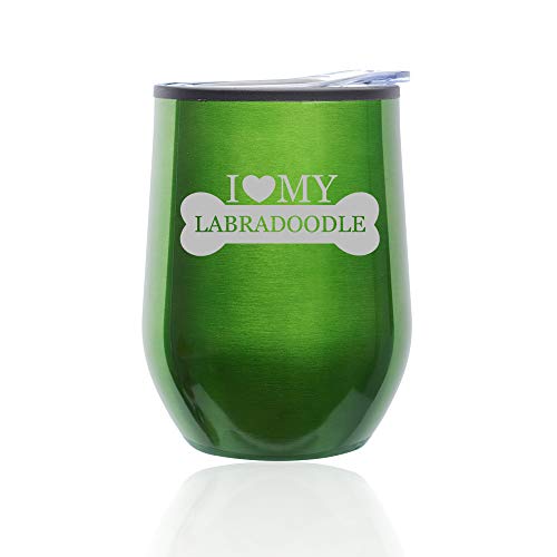Stemless Wine Tumbler Coffee Travel Mug Glass With Lid I Love My Labradoodle (Green)