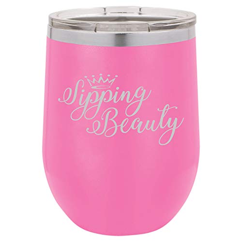 12 oz Double Wall Vacuum Insulated Stainless Steel Stemless Wine Tumbler Glass Coffee Travel Mug With Lid Sipping Beauty Funny (Hot Pink)