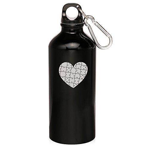 20oz Aluminum Sports Water Bottle Caribiner Clip Heart Puzzle Autism (Black)