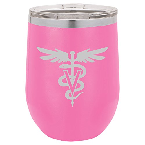 12 oz Double Wall Vacuum Insulated Stainless Steel Stemless Wine Tumbler Glass Coffee Travel Mug With Lid Vet Veterinarian Symbol (Hot-Pink)