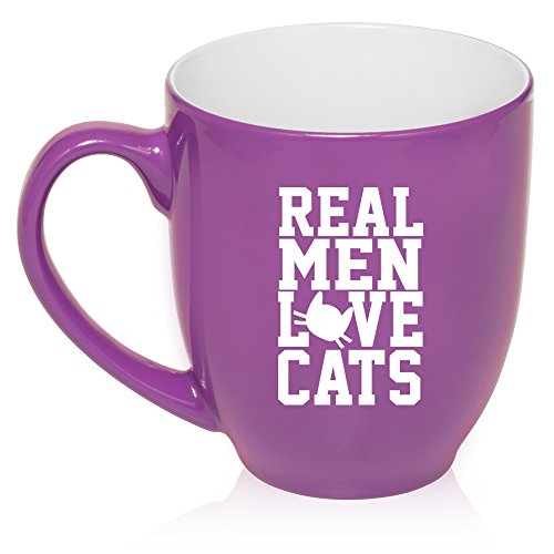 16 oz Large Bistro Mug Ceramic Coffee Tea Glass Cup Real Men Love Cats (Purple)