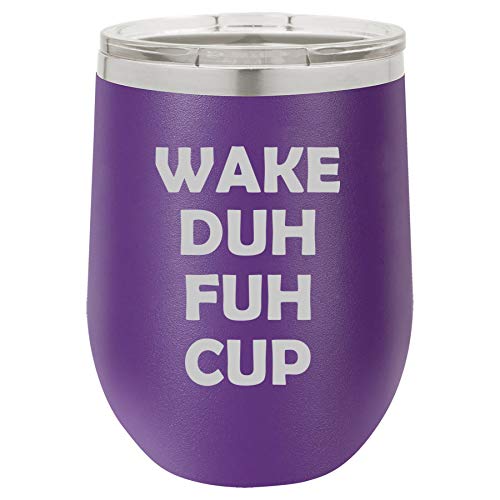 12 oz Double Wall Vacuum Insulated Stainless Steel Stemless Wine Tumbler Glass Coffee Travel Mug With Lid Wake Duh Fuh Cup (Purple)