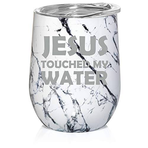 12 oz Double Wall Vacuum Insulated Stainless Steel Marble Stemless Wine Tumbler Glass Coffee Travel Mug With Lid Jesus Touched My Water Funny (Black White Marble)