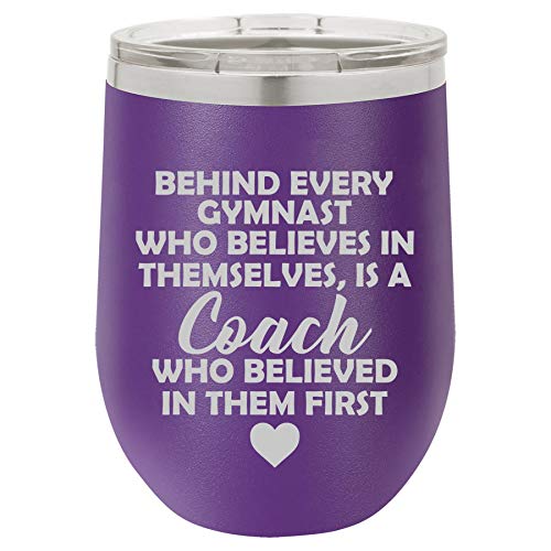 12 oz Double Wall Vacuum Insulated Stainless Steel Stemless Wine Tumbler Glass Coffee Travel Mug With Lid Gymnastics Coach Gift (Purple)