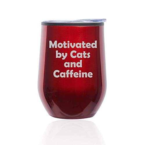 Stemless Wine Tumbler Coffee Travel Mug Glass With Lid Motivated By Cats And Caffeine (Red)