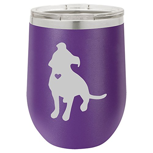 12 oz Double Wall Vacuum Insulated Stainless Steel Stemless Wine Tumbler Glass Coffee Travel Mug With Lid Cute Pit Bull With Heart (Purple)