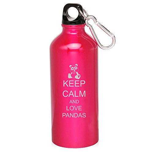 20oz Aluminum Sports Water Bottle Caribiner Clip Keep Calm and Love Pandas (Hot Pink)