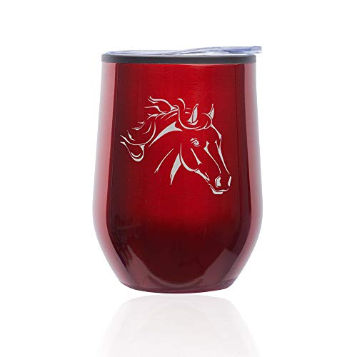 Stemless Wine Tumbler Coffee Travel Mug Glass With Lid Horse Head (Red)