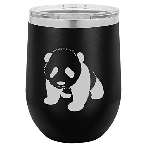 12 oz Double Wall Vacuum Insulated Stainless Steel Stemless Wine Tumbler Glass Coffee Travel Mug With Lid Baby Panda (Black)