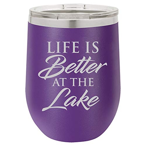 12 oz Double Wall Vacuum Insulated Stainless Steel Stemless Wine Tumbler Glass Coffee Travel Mug With Lid Life Is Better At The Lake (Purple)