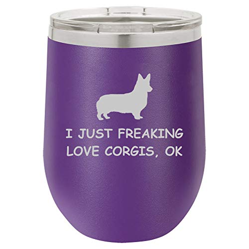 12 oz Double Wall Vacuum Insulated Stainless Steel Stemless Wine Tumbler Glass Coffee Travel Mug With Lid I Just Freaking Love Corgis Funny (Purple)