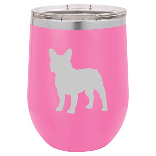 12 oz Double Wall Vacuum Insulated Stainless Steel Stemless Wine Tumbler Glass Coffee Travel Mug With Lid French Bulldog (Hot-Pink)