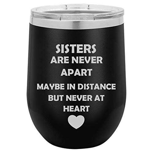12 oz Double Wall Vacuum Insulated Stainless Steel Stemless Wine Tumbler Glass Coffee Travel Mug With Lid Sisters Long Distance Love (Black)