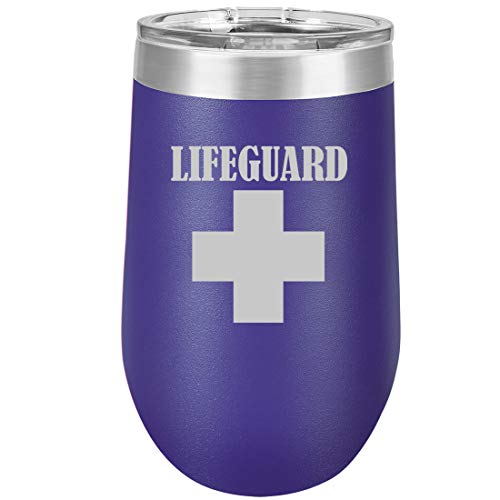 16 oz Double Wall Vacuum Insulated Stainless Steel Stemless Wine Tumbler Glass Coffee Travel Mug With Lid Lifeguard (Purple)