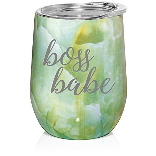 12 oz Double Wall Vacuum Insulated Stainless Steel Marble Stemless Wine Tumbler Glass Coffee Travel Mug With Lid Boss Babe (Turquoise Green Marble)