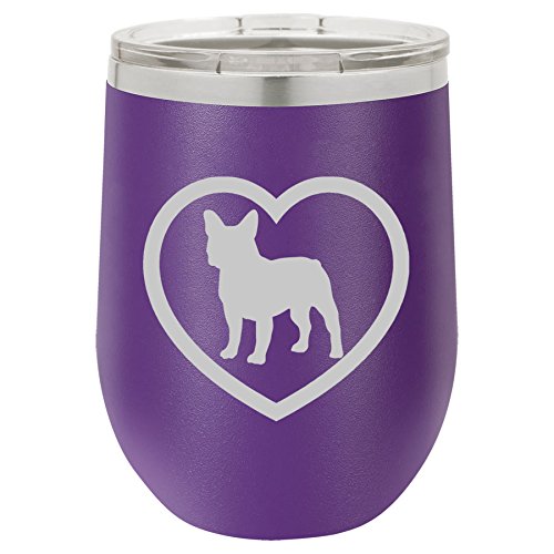 12 oz Double Wall Vacuum Insulated Stainless Steel Stemless Wine Tumbler Glass Coffee Travel Mug With Lid French Bulldog Heart (Purple)