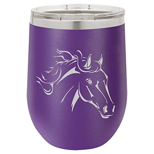 12 oz Double Wall Vacuum Insulated Stainless Steel Stemless Wine Tumbler Glass Coffee Travel Mug With Lid Horse Head (Purple)