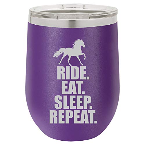 12 oz Double Wall Vacuum Insulated Stainless Steel Stemless Wine Tumbler Glass Coffee Travel Mug With Lid Horse Ride Eat Sleep Repeat (Purple)