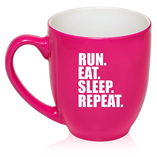 16 oz Large Bistro Mug Ceramic Coffee Tea Glass Cup Run Eat Sleep Repeat (Hot Pink)