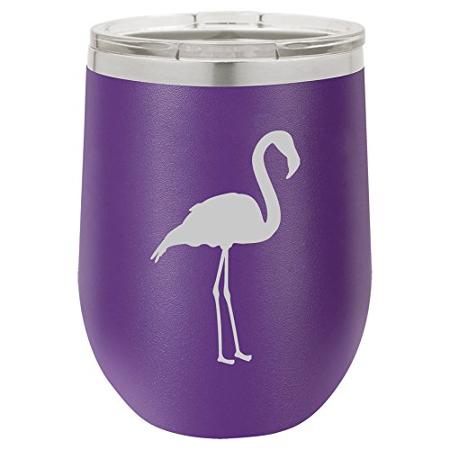 12 oz Double Wall Vacuum Insulated Stainless Steel Stemless Wine Tumbler Glass Coffee Travel Mug With Lid Flamingo (Purple)