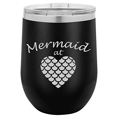 12 oz Double Wall Vacuum Insulated Stainless Steel Stemless Wine Tumbler Glass Coffee Travel Mug With Lid Mermaid At Heart (Black)