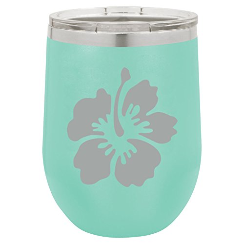 12 oz Double Wall Vacuum Insulated Stainless Steel Stemless Wine Tumbler Glass Coffee Travel Mug With Lid Hibiscus Flower (Teal)