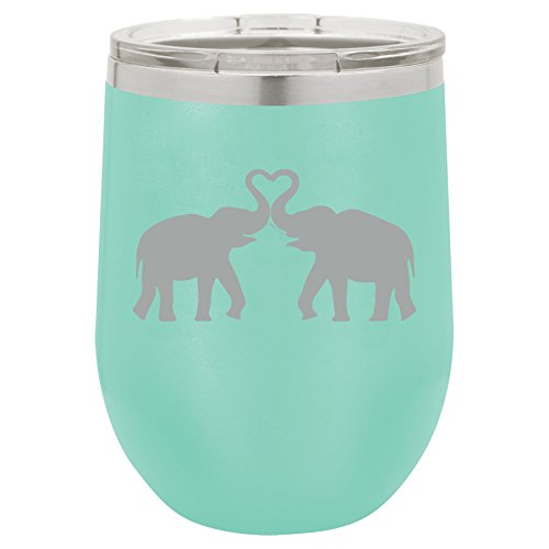 12 oz Double Wall Vacuum Insulated Stainless Steel Stemless Wine Tumbler Glass Coffee Travel Mug With Lid Elephants Making Heart (Teal)