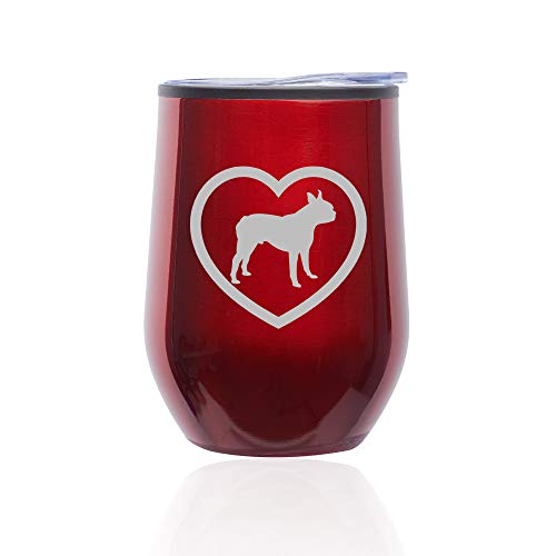 Stemless Wine Tumbler Coffee Travel Mug Glass With Lid Boston Terrier Heart (Red)