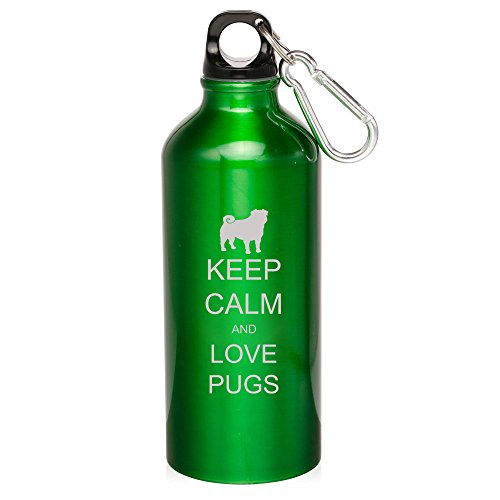 20oz Aluminum Sports Water Bottle Caribiner Clip Keep Calm and Love Pugs (Green)