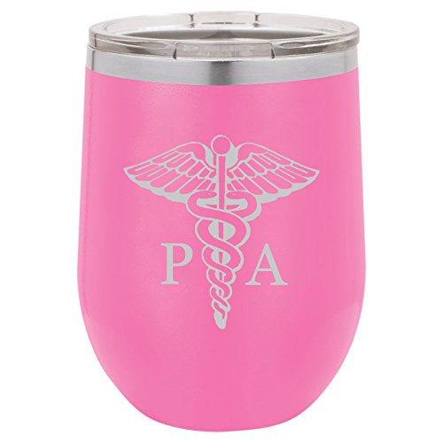 12 oz Double Wall Vacuum Insulated Stainless Steel Stemless Wine Tumbler Glass Coffee Travel Mug With Lid PA Physician Assistant Caduceus (Hot-Pink)