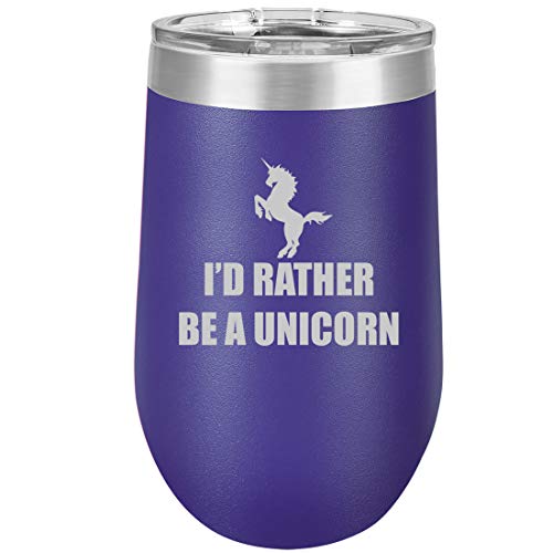 16 oz Double Wall Vacuum Insulated Stainless Steel Stemless Wine Tumbler Glass Coffee Travel Mug With Lid I'd Rather Be A Unicorn (Purple)