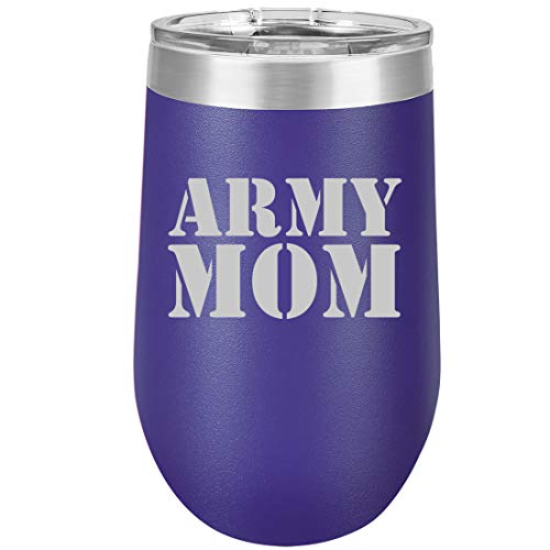 16 oz Double Wall Vacuum Insulated Stainless Steel Stemless Wine Tumbler Glass Coffee Travel Mug With Lid Army Mom (Purple)