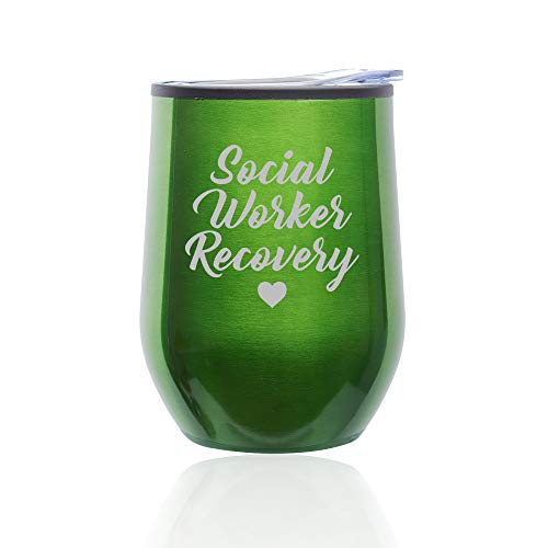 Stemless Wine Tumbler Coffee Travel Mug Glass With Lid Social Worker Recovery (Green)