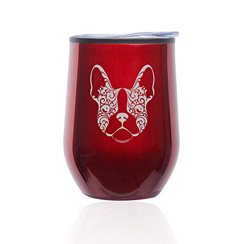 Stemless Wine Tumbler Coffee Travel Mug Glass With Lid French Bulldog Floral (Red)
