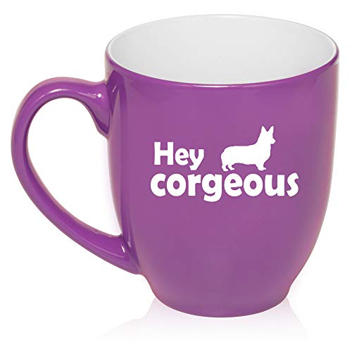 16 oz Large Bistro Mug Ceramic Coffee Tea Glass Cup Hey Corgeous Corgi Funny Gorgeous (Purple)