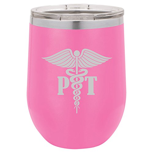 12 oz Double Wall Vacuum Insulated Stainless Steel Stemless Wine Tumbler Glass Coffee Travel Mug With Lid PT Physical Therapy Therapist (Hot-Pink)