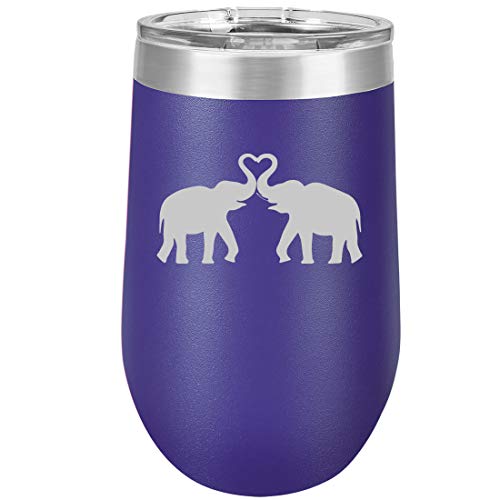 16 oz Double Wall Vacuum Insulated Stainless Steel Stemless Wine Tumbler Glass Coffee Travel Mug With Lid Elephants Making Heart (Purple)