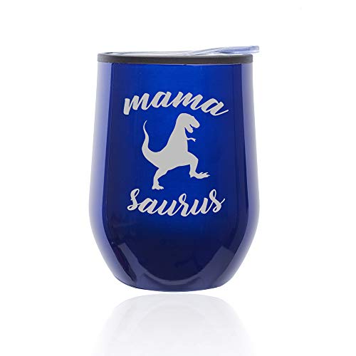 Stemless Wine Tumbler Coffee Travel Mug Glass With Lid Mama Saurus Mom Mother T-Rex Funny (Blue)
