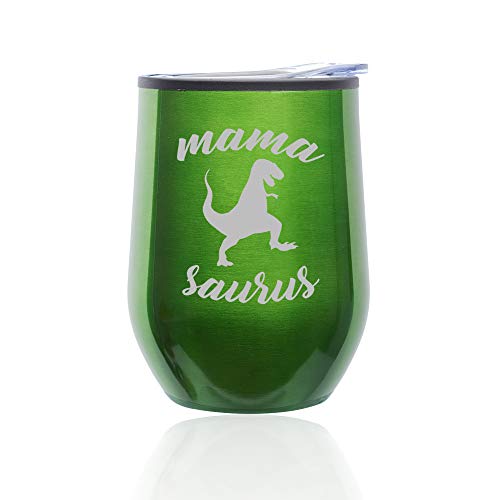 Stemless Wine Tumbler Coffee Travel Mug Glass With Lid Mama Saurus Mom Mother T-Rex Funny (Green)