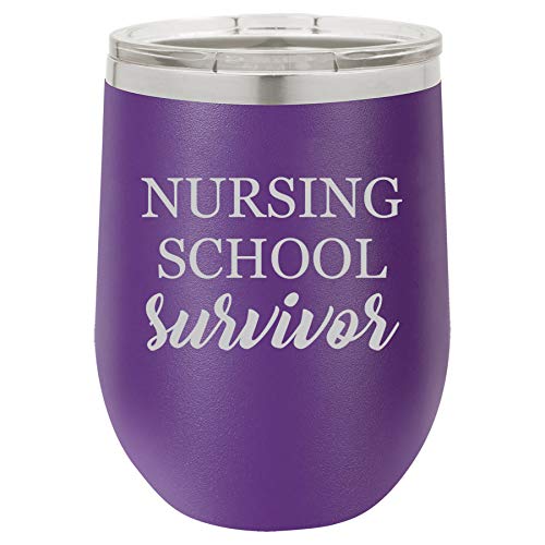 12 oz Double Wall Vacuum Insulated Stainless Steel Stemless Wine Tumbler Glass Coffee Travel Mug With Lid Nursing School Survivor Nurse Student Funny (Purple)