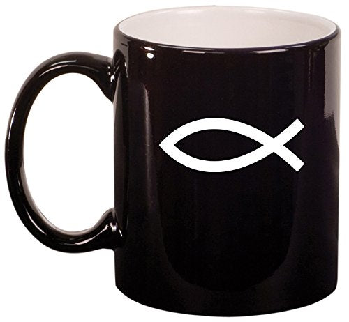 Ceramic Coffee Tea Mug Cup Christian Fish Symbol (Black)