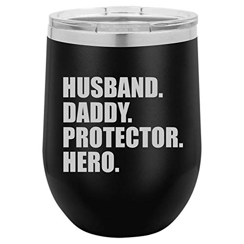 12 oz Double Wall Vacuum Insulated Stainless Steel Stemless Wine Tumbler Glass Coffee Travel Mug With Lid Husband Daddy Protector Hero Dad Father (Black)