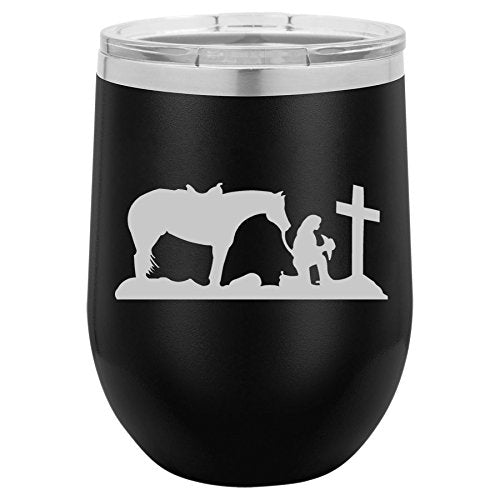 12 oz Double Wall Vacuum Insulated Stainless Steel Stemless Wine Tumbler Glass Coffee Travel Mug With Lid Cowgirl Praying Cross Horse (Black)