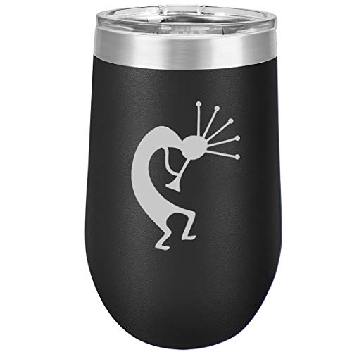 16 oz Double Wall Vacuum Insulated Stainless Steel Stemless Wine Tumbler Glass Coffee Travel Mug With Lid Kokopelli (Black)